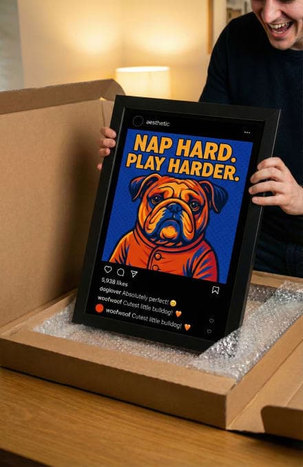 Customer unboxing framed pet portrait print