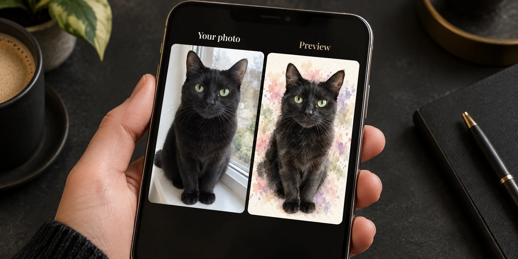 A phone showing a black cat photo beside its watercolor portrait preview.