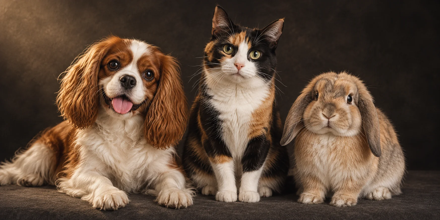 A spaniel, calico cat and lop-eared rabbit together.